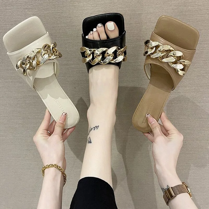 Fashion Chain Design Women Heels Summer Sexy Open Toe  Solid Color Sandals Stiletto 2021 Square Head Luxury Prom Woman Slippers