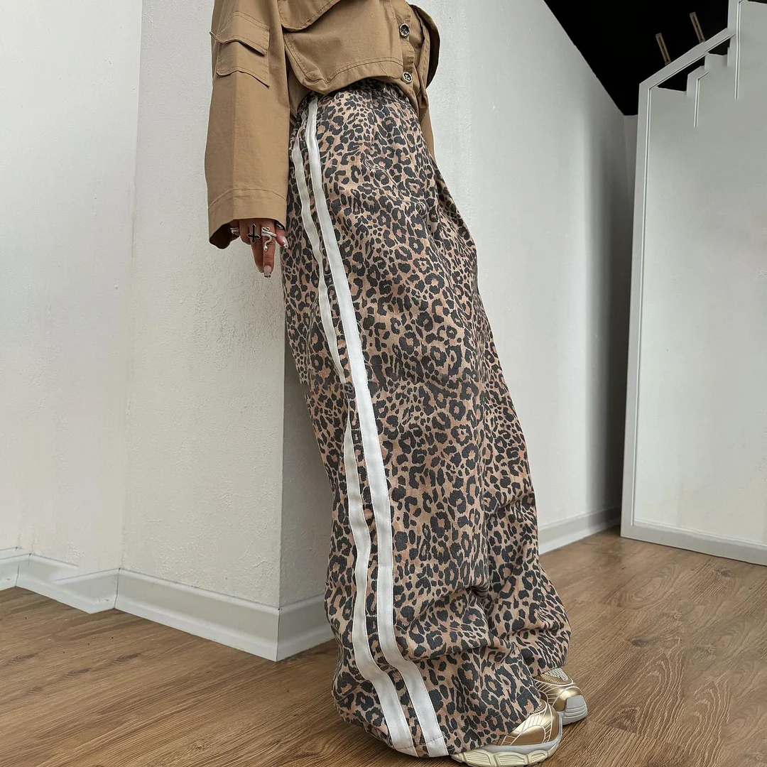 Athvotar Athvotar Leopard-Print Tug Trousers Women's Tide In 2025 Spring Side Stripes Loose Thin Broad Leg Trousers Casual