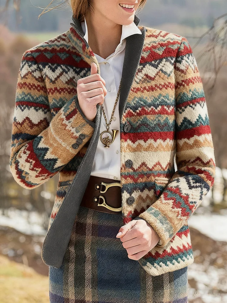 Women's Colorful Vintage Print Slim Fit Suit Jacket