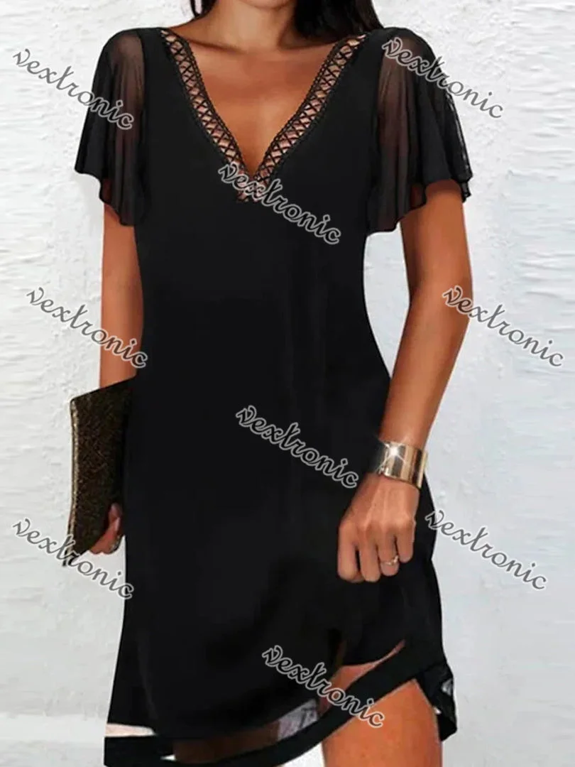 Women's Black V-neck Short Sleeve Stitching Pockets Mini Dress