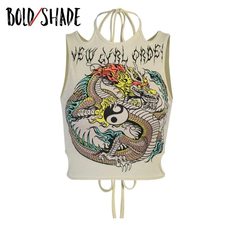 Bold Shade Streetwear 90s Grunge Tanks Dragon Print Bandage Mock Neck Sleeveless Cropped Tops Aesthetic Fashion Indie Tank Top