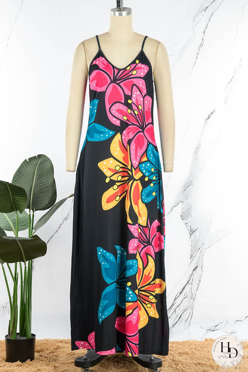 Blue Black Casual Print Patchwork Spaghetti Strap Sling Dress Dresses