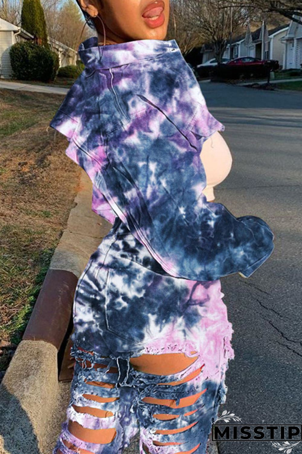 Deep Blue Casual Tie Dye Ripped Turndown Collar Long Sleeve Two Pieces