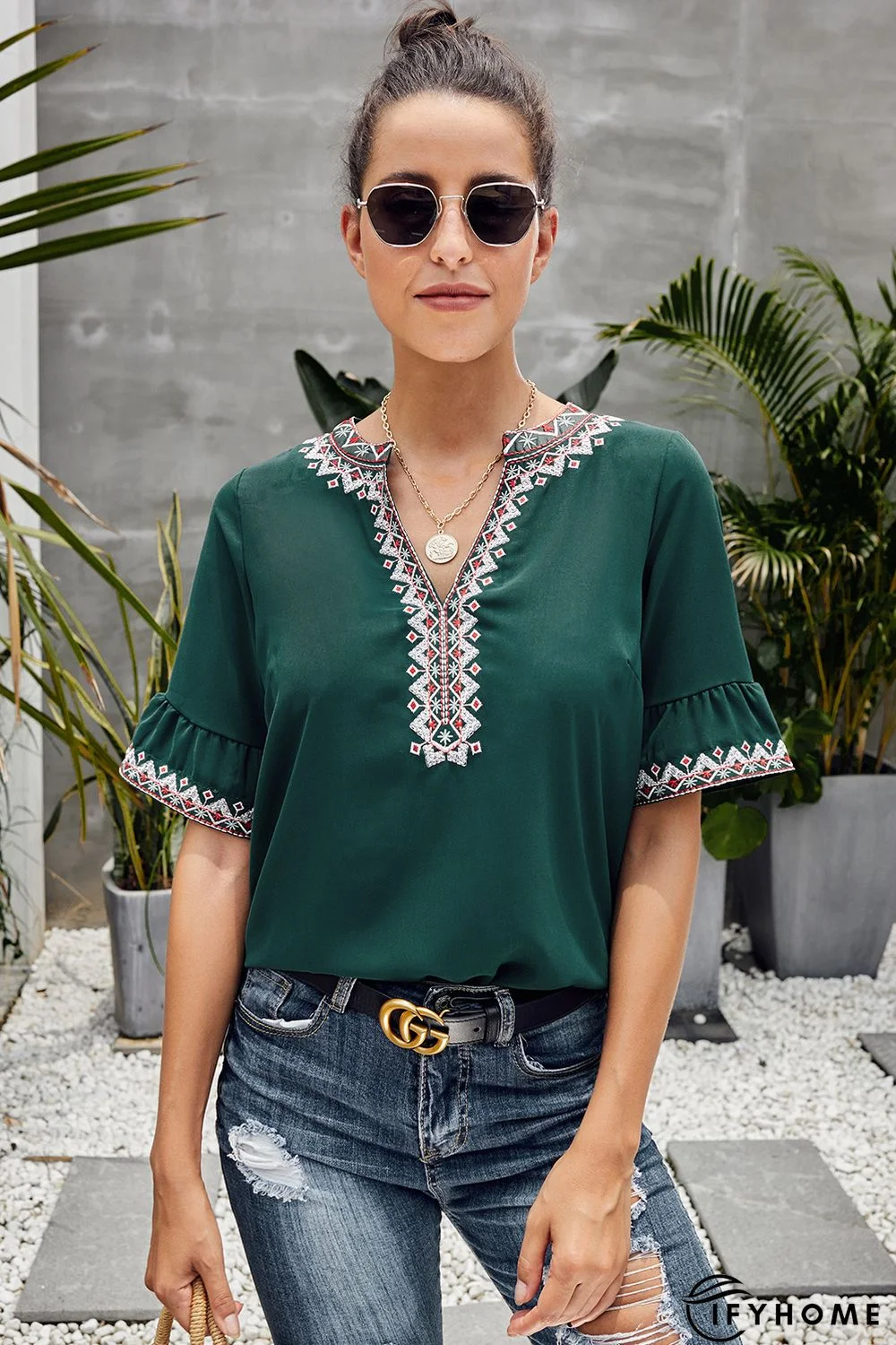 Green Boho Floral V Neck Casual Top | IFYHOME