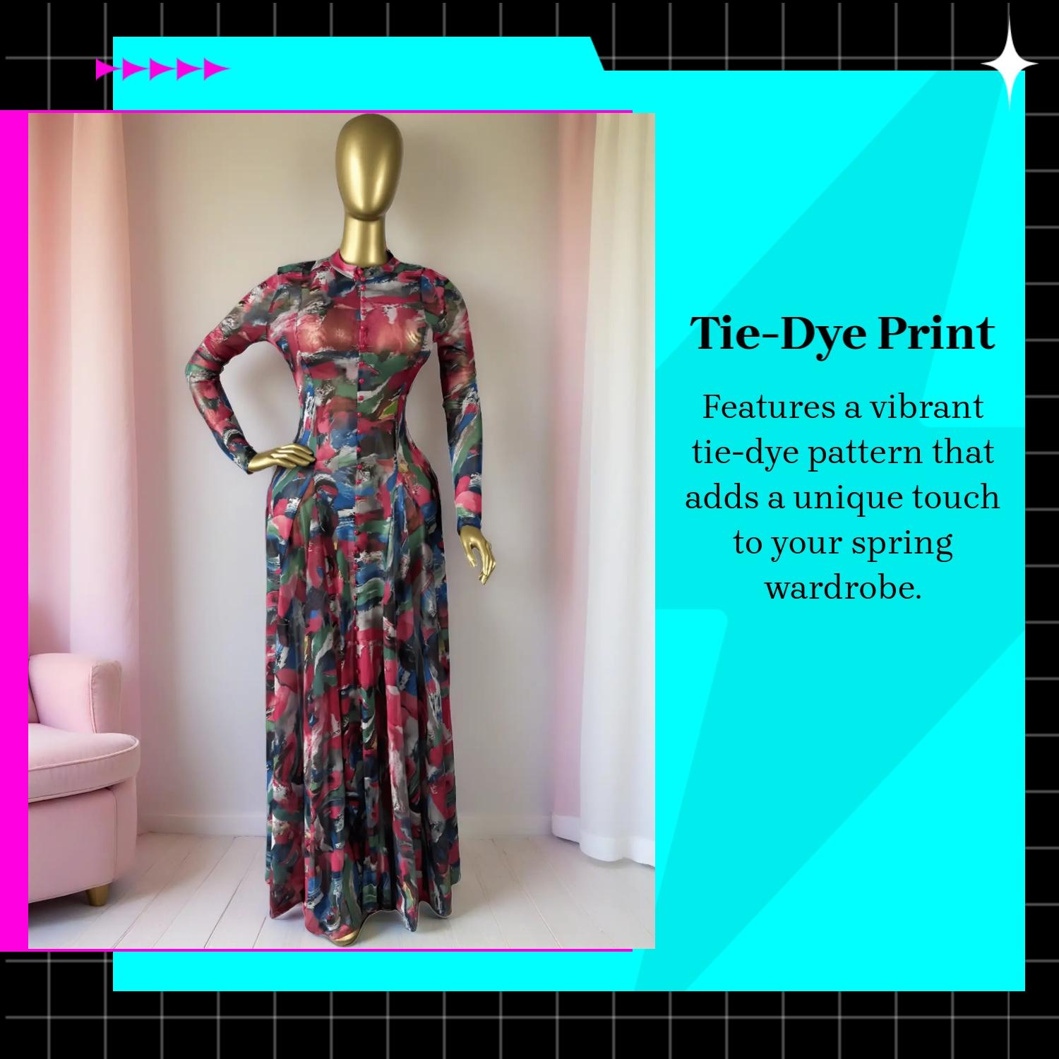 PULKRITU Women's O-Neck Long Sleeve Woven Maxi Dress, Tie-Dye Print, Romantic Valentine's Day Party Outfit Gown, Sexy Mesh Sheer Dress, Spring Sexy Club Street Evening Wear Lady Skirts