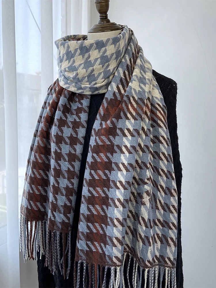 Casual Houndstooth Pattern Fringed Thicken Shawl Sarf