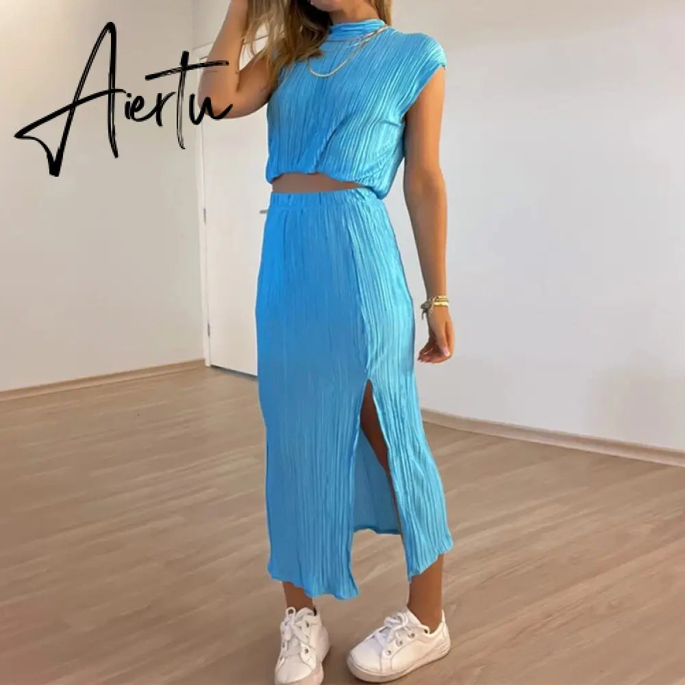 Glitter Material Pleated Skirt Set 2 Pcs Women Outfits Summer Slit Maxi Long Dress Set Stand Collar Sleevleess Party Suit Casual Aiertu