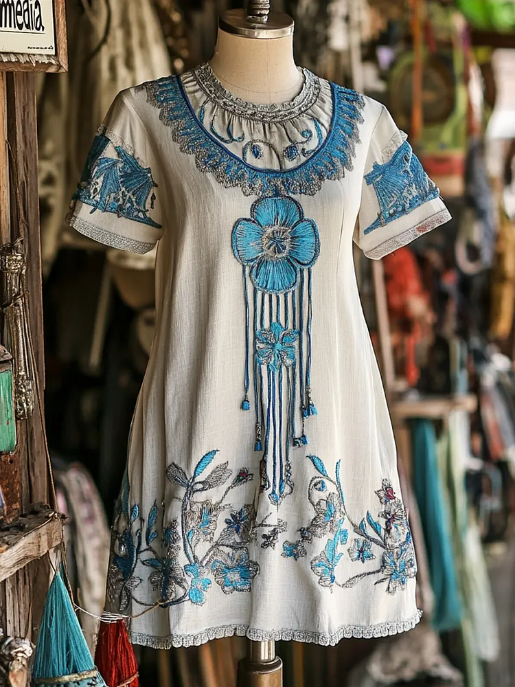 Women's Tribal Floral Casual Linen Short Sleeve Dress