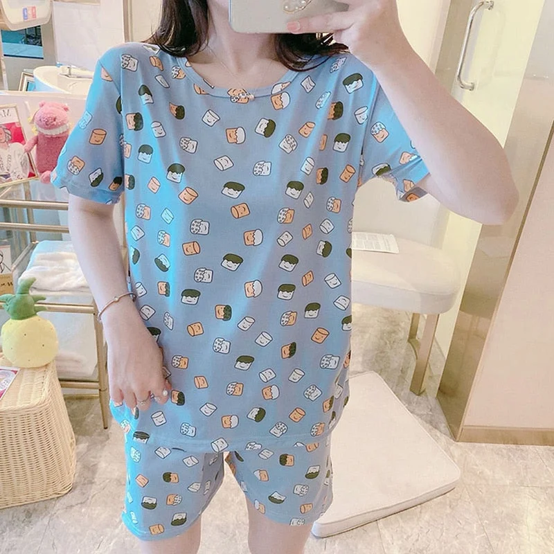 Summer Fashion Silk Pajamas Sets for Women 100% Cotton PJS Satin Soft Sleepwear Atoff Home Kawaii Lounge Nightwear
