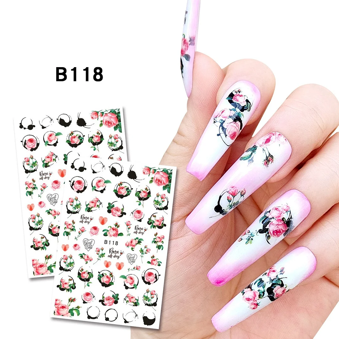 Purple Red Pink Rose Flower 3D Nail Sticker Leaves Love Heart Self-Adhesive Slider Art Decorations Decals Manicure Accessories-Nail Inspo