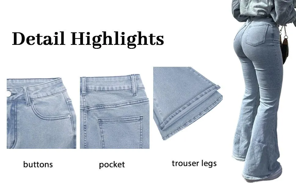 GILIPUR Y2K Women's High Waist Flare Leg Jeans, Casual Button Fly Pocket Design Bell Bottom Denim Pants, Women's Bottoms for Daily Wear, Kardashian Style, 000 Jeans, Light Wash