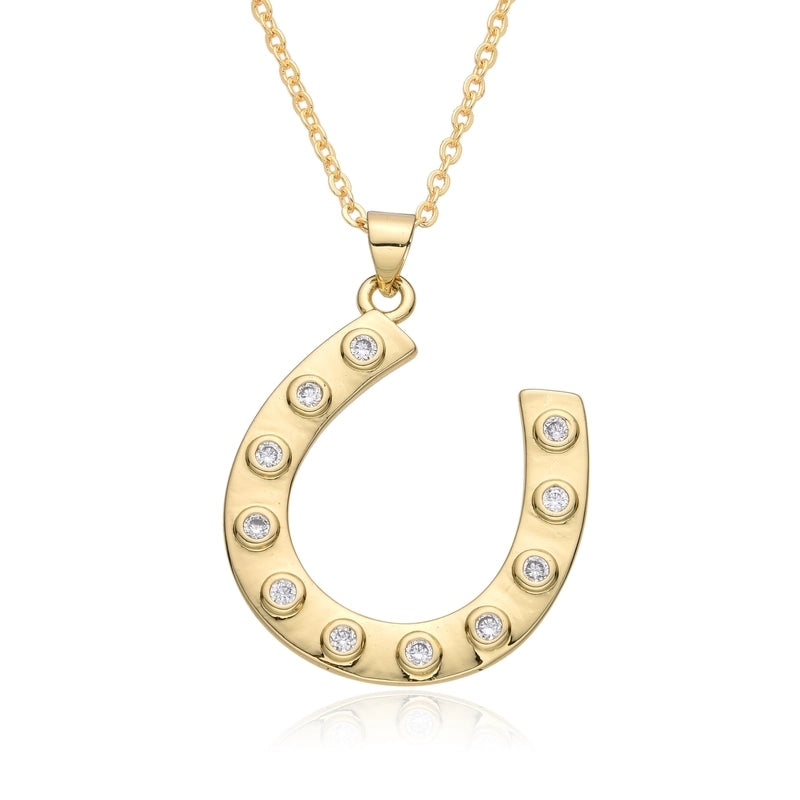 Copper 18K Gold Plated Inlay Horseshoe Zirconia Pendant Necklace