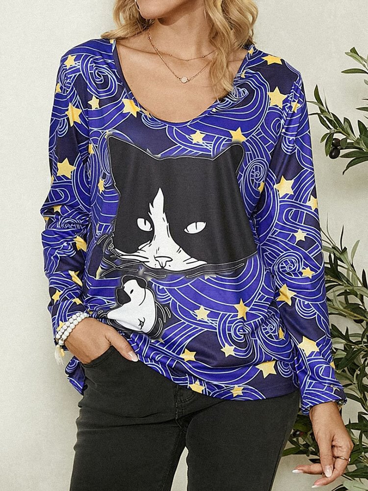 Cute Cat Stars Print Long Sleeve Casual T shirt for Women P1798392