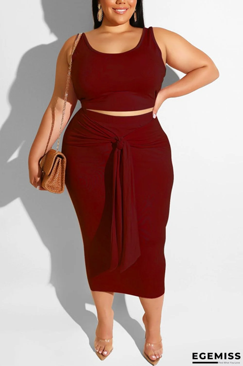 Wine Red Casual Straps Tight-Fitting Bag Hip Two-Piece Suit | EGEMISS