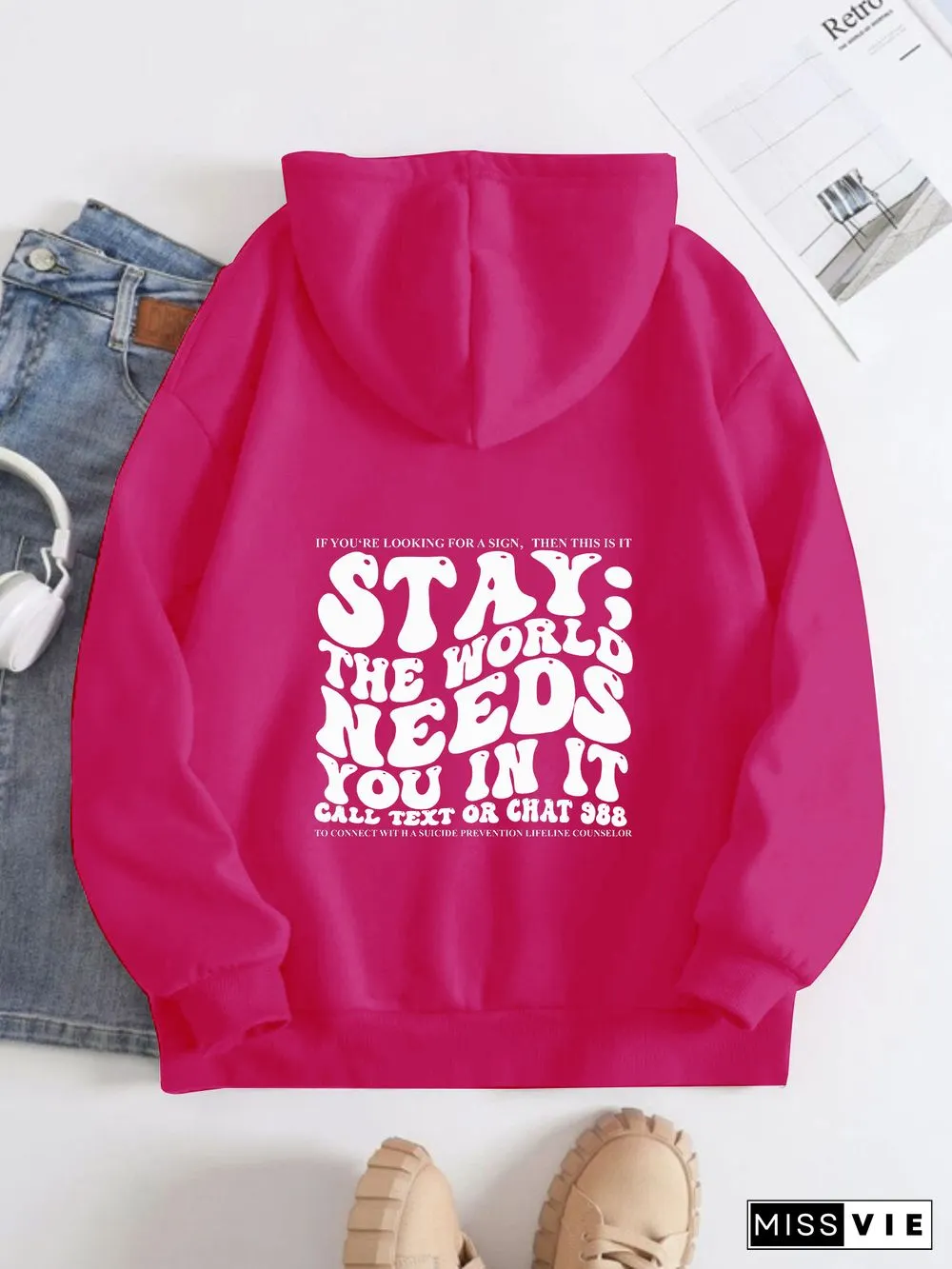 Printed Back Kangaroo Pocket Hoodie Long Sleeve for Women-Pattern Stay The World Needs