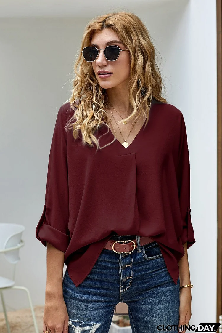 Elegant Wine V Neck 3/4 Sleeve High Low Hem Blouse