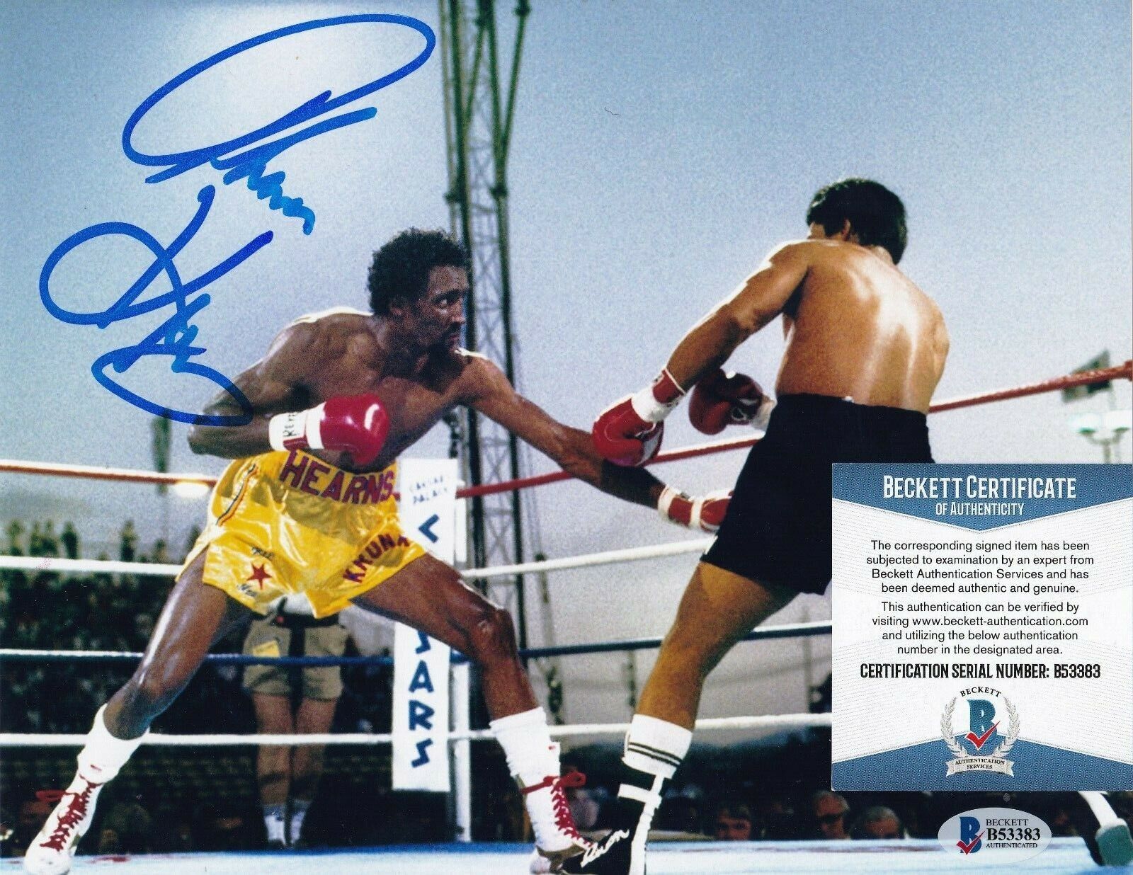 THOMAS HEARNS BOXING CHAMPIONS FIGHTING DURAN BECKETT AUTHENTICATED SIGNED 8X10