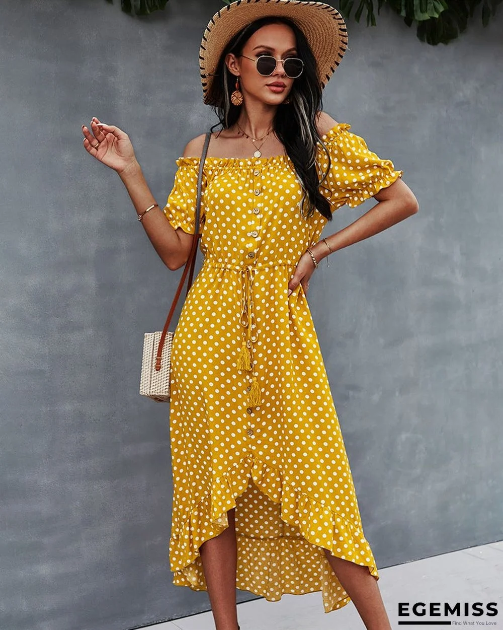 Self-designed Women's Dress with A Big Shoulder Dress and Polka-dot Skirt | EGEMISS