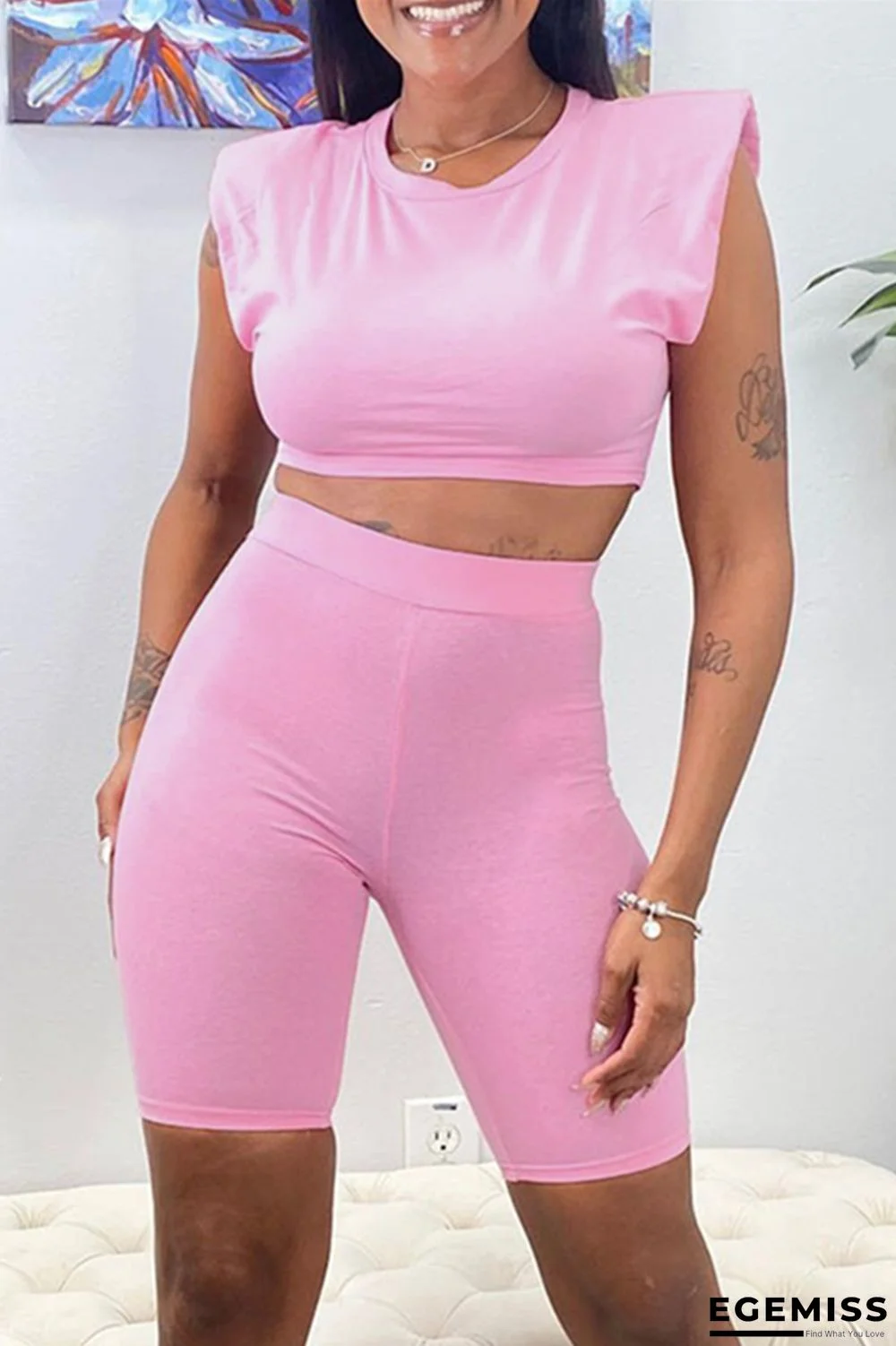 Pink Fashion Casual Solid Basic O Neck Sleeveless Two Pieces | EGEMISS