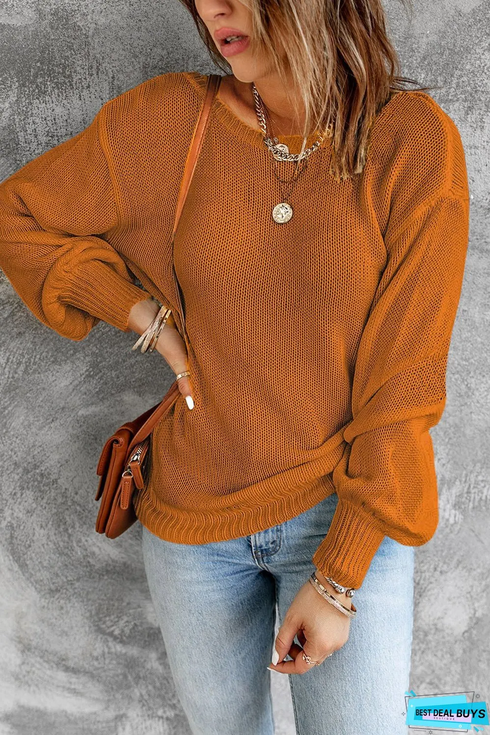Tied Balloon Sleeve Round Neck Sweater