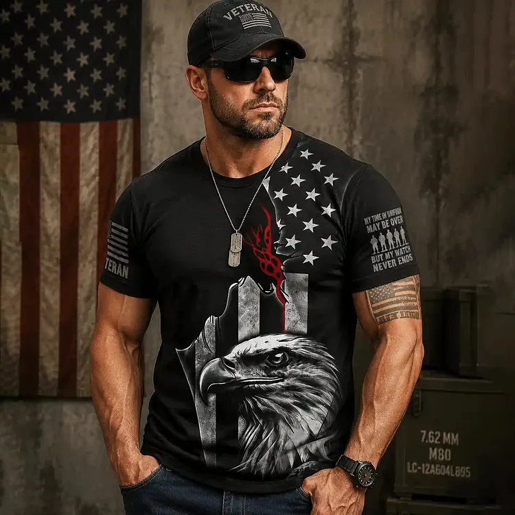 Men's Retro Casual Veteran Eagle Jesus Print T-shirt