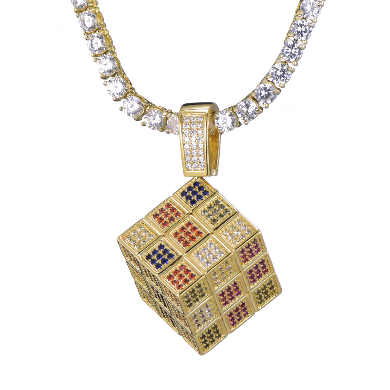 Hip Hop Cube Necklace Pendant Colorful Zircon Iced Out Jewelry-VESSFUL