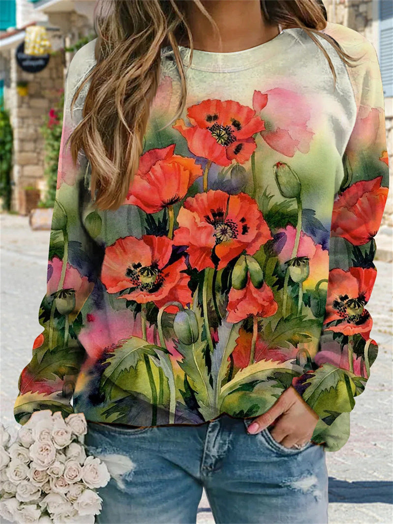Women Long Sleeve V-neck Graphic Floral Printed Top