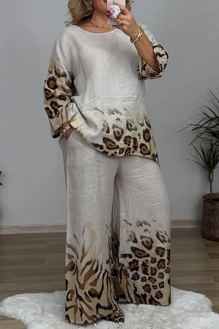 Plus Size Vacation Khaki Casual Leopard Round Neck Short Sleeve Pocket Two Piece Pant Sets [Pre-Order] 2024 - Xpluswear