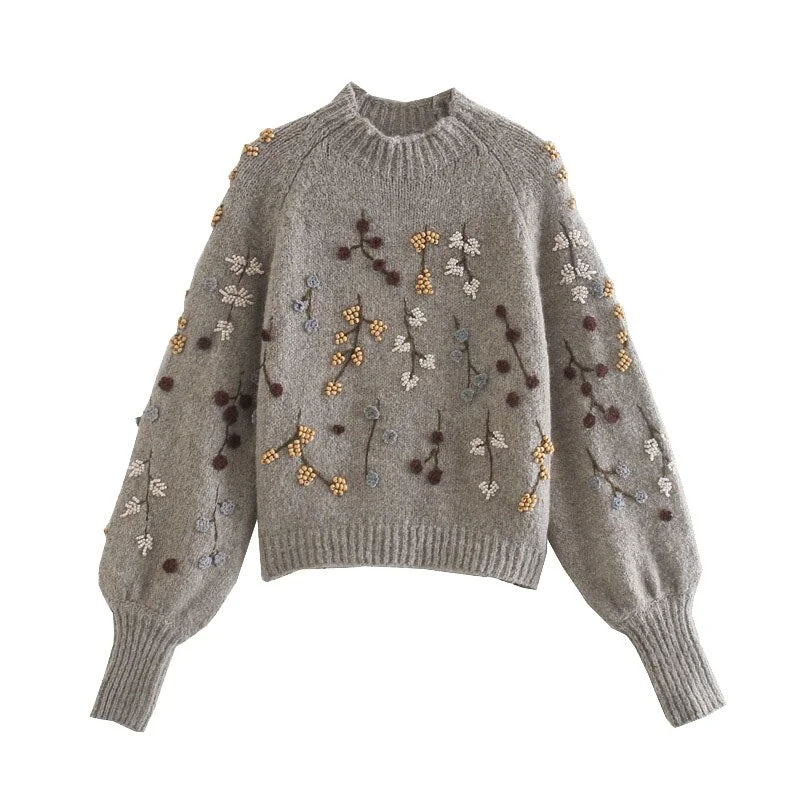 TRAF Women Fashion With Beading Embroidery Cropped Knitted Sweater Vintage Lantern Sleeve Female Pullover Chic Tops