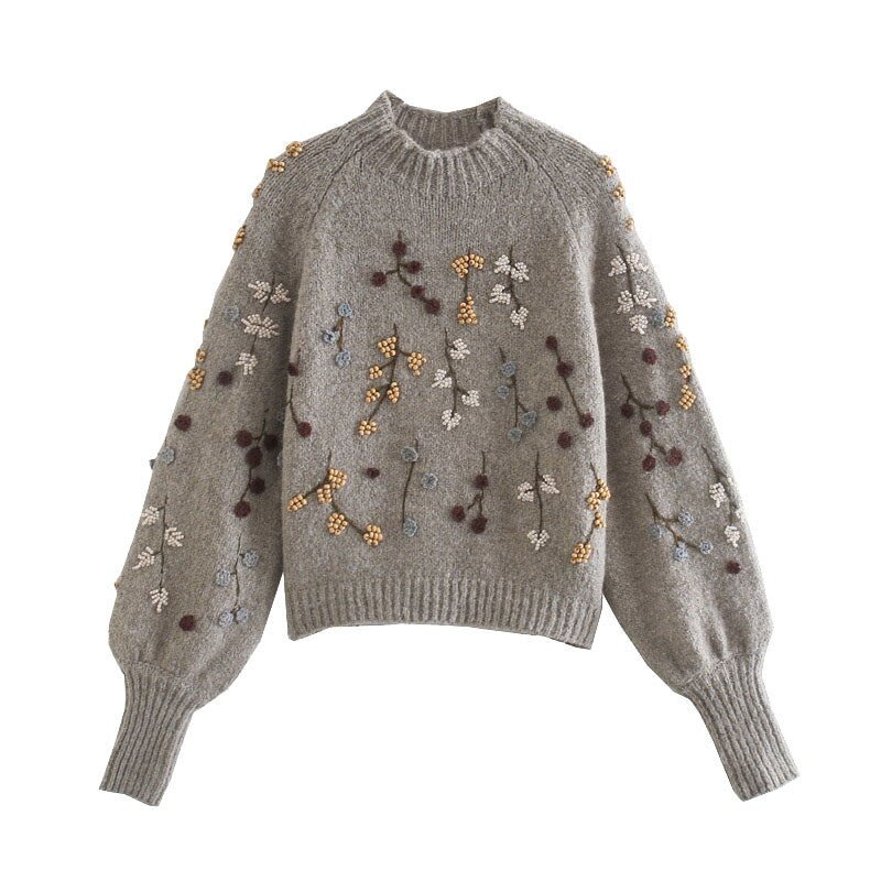 TRAF Women Fashion With Beading Embroidery Cropped Knitted Sweater Vintage Lantern Sleeve Female Pullover Chic Tops