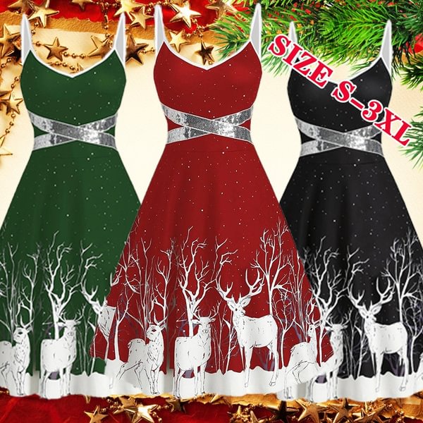 3 Colors Fashion Suspender Skirt Christmas Print Sequin Patchwork Sleeveless Dress Santa Xmas Deer Skater Party Dresses Cocktail Party Dress - Chicaggo