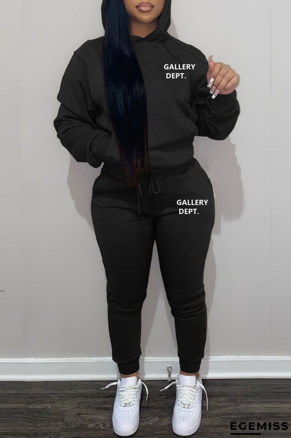 Black Casual Letter Print Patchwork Basic Hooded Collar Long Sleeve Two Pieces | EGEMISS