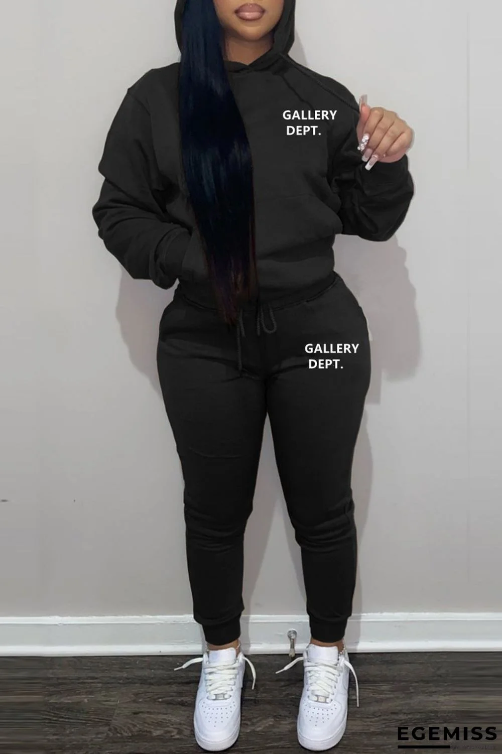 Black Casual Letter Print Patchwork Basic Hooded Collar Long Sleeve Two Pieces | EGEMISS