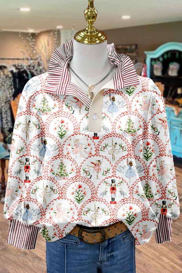 Nutcracker Print Striped Collar Top