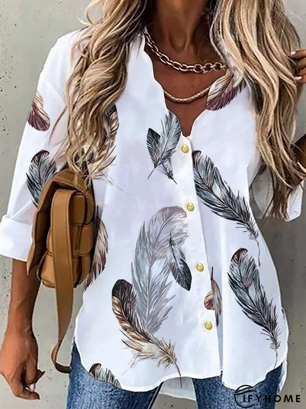 Casual Feather V Neck Long Sleeve Blouse | IFYHOME