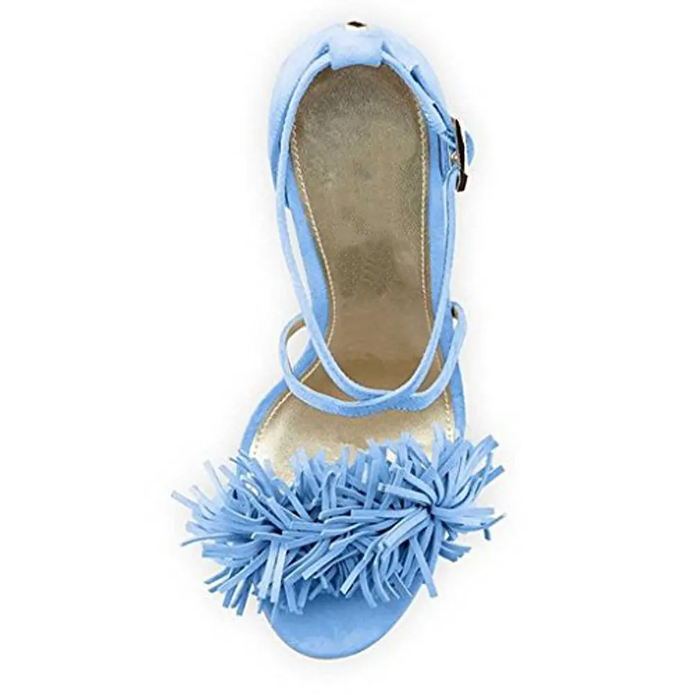 4.72"Ladies Open Toe Suede Leather Sandals Fringed Strappy Stiletto Heel Shoes Light Blue-vocosishoes