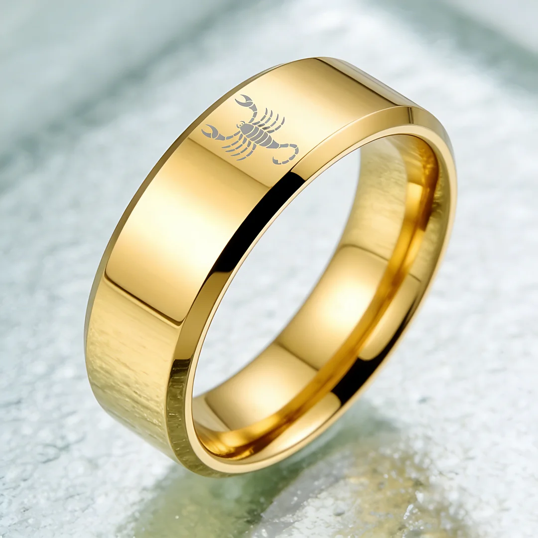 Gold Scorpio Tungsten Wedding Ring Beveled Edges Gold Laser Etched Couple Tungsten Carbide Rings 4MM 6MM 8MM Width