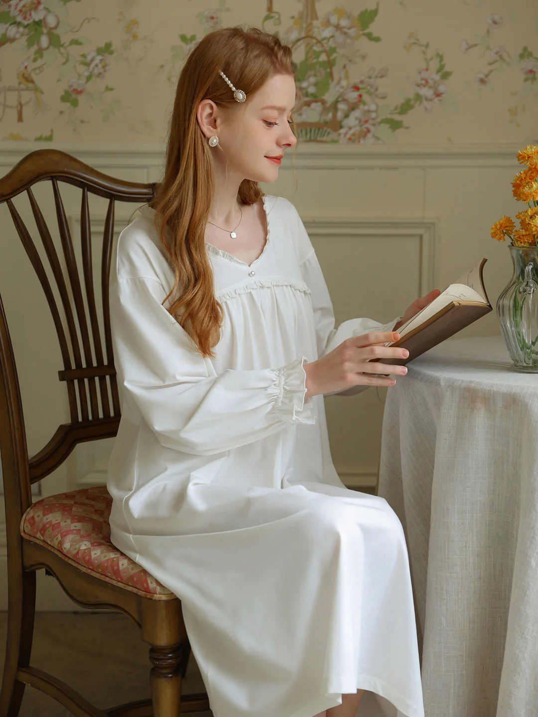 V-neck Long Dress French Court Loose Princess One-piece Vintage Nightgown