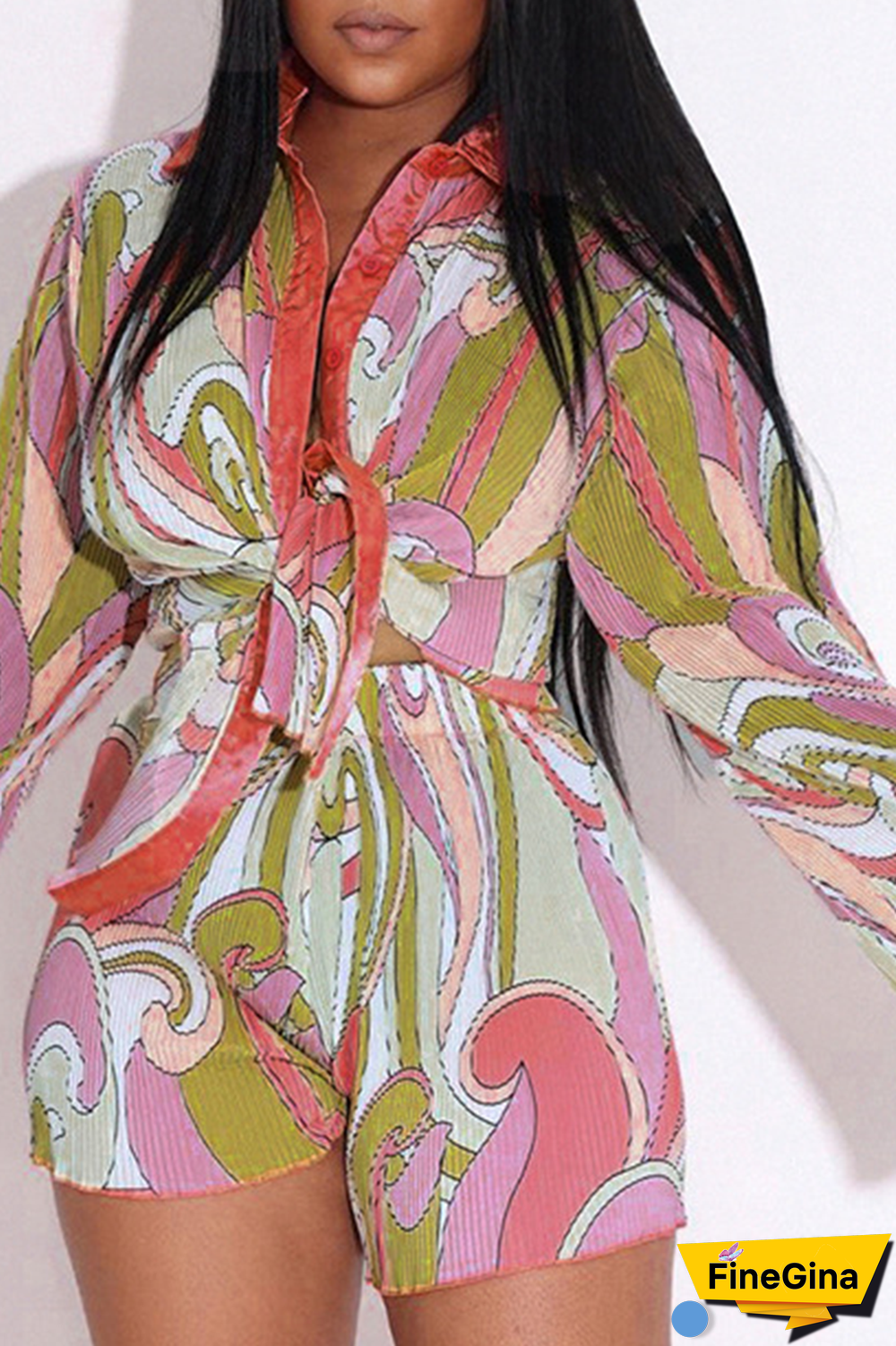 Colour Casual Print Patchwork Turndown Collar Long Sleeve Two Pieces