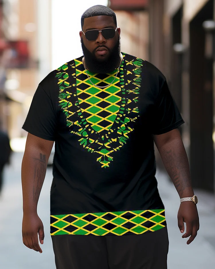 Black Ethnic Style Printed Large Men's Short Sleeved T-Shirt