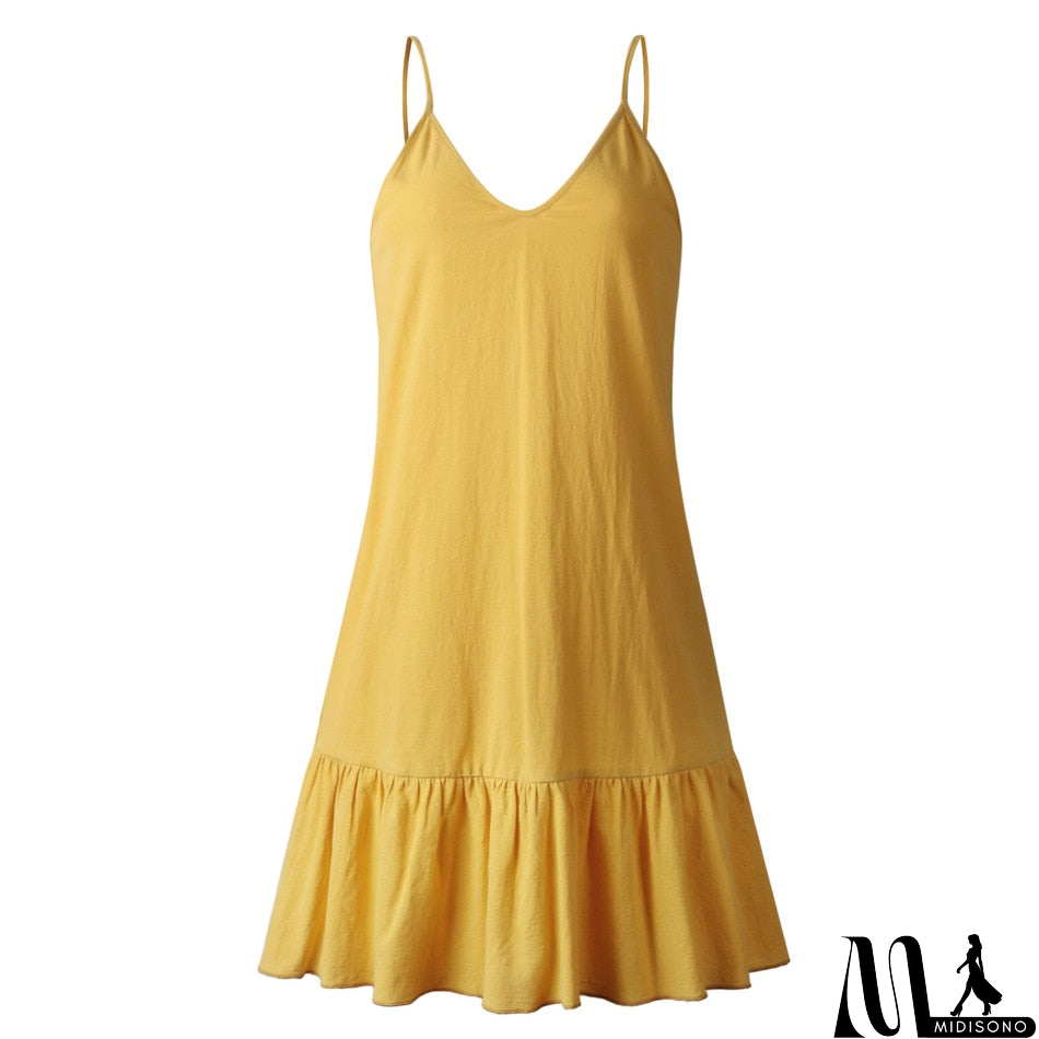 MidiSono - Loose Summer Dress Cotton Sexy White Halter V-neck Ruffled Women Casual Spaghetti Strap Mini beach clothes for women