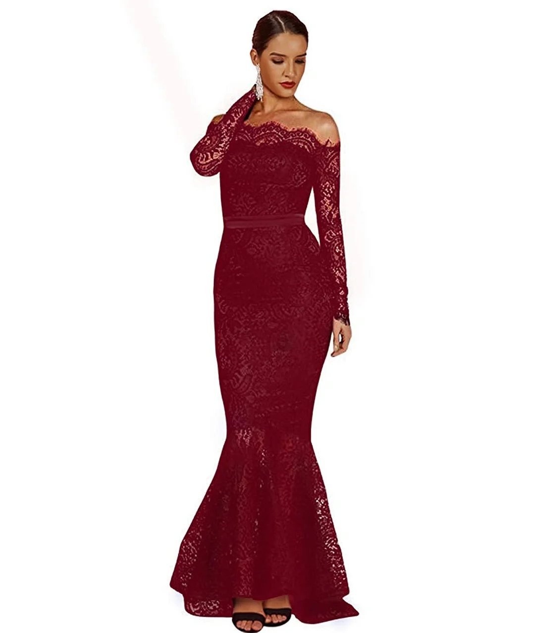 Women's Floral Lace Long Sleeve Off Shoulder Wedding Mermaid Dress