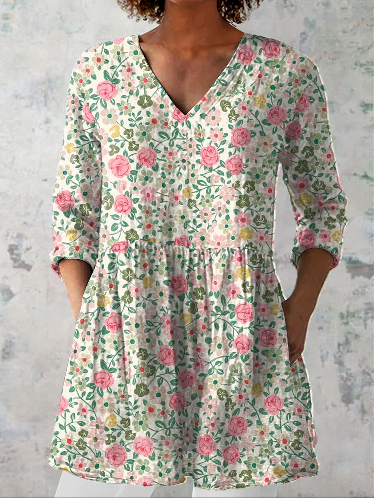 Womens Retro Floral PatternCasual Linen V-Neck Shirt