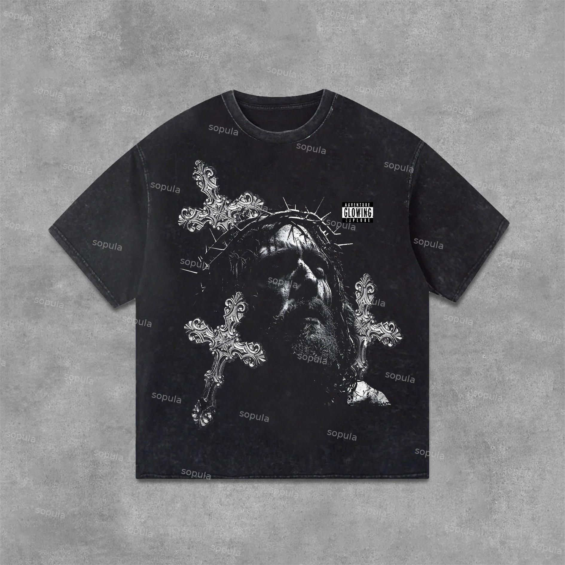 Sopula Retro Jesus Cross Graphic Print Acid Washed T-Shirt - SOPULA