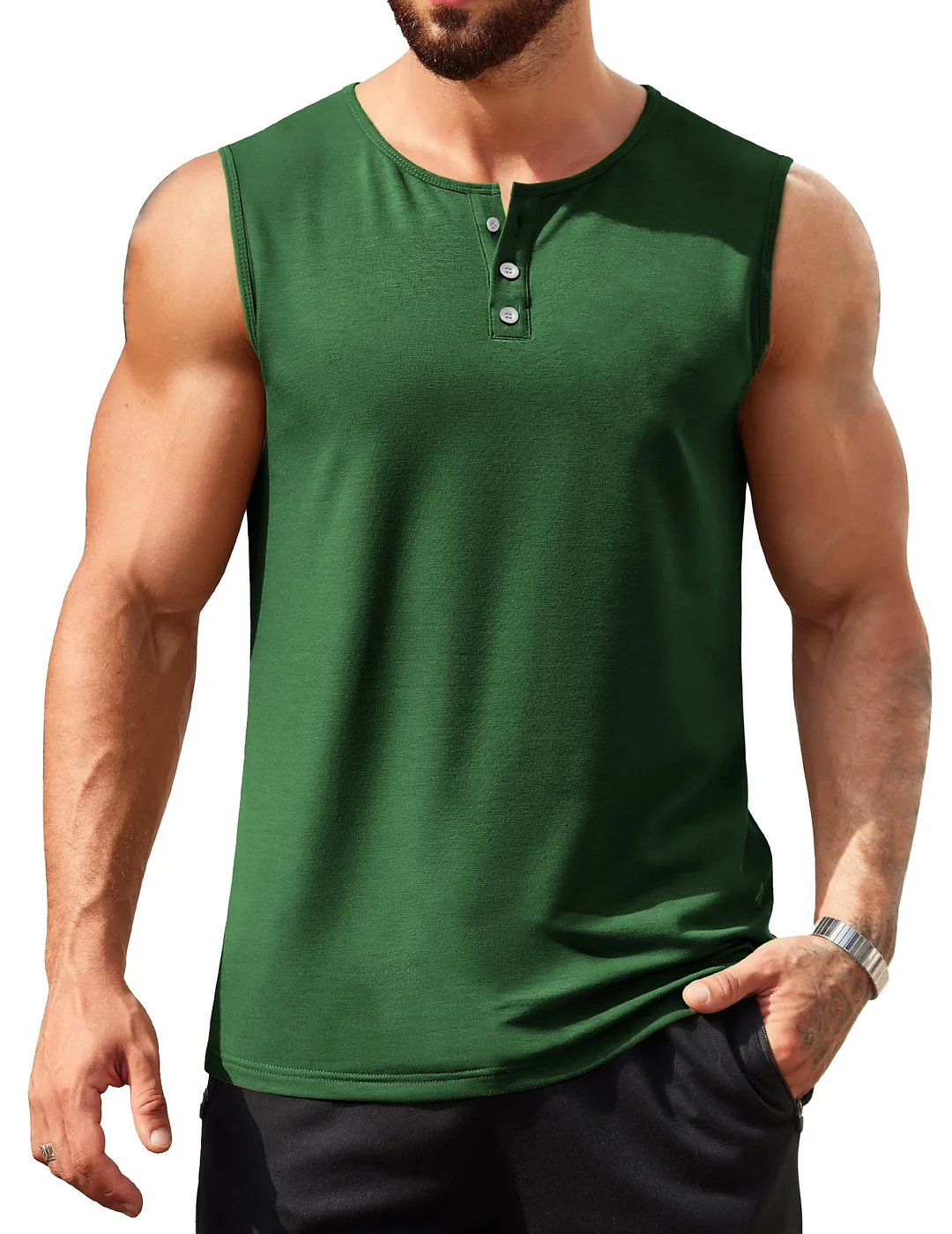 Men's Hawaiian Casual Comfort Button-Down Crew Neck Sleeveless Henley Shirt