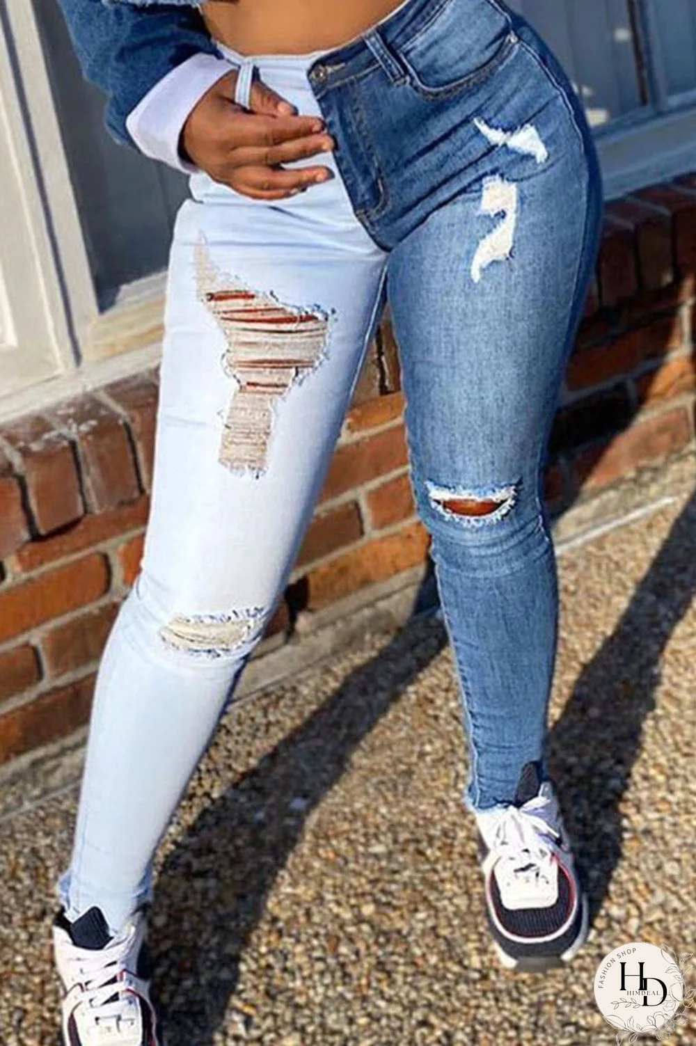 The cowboy blue Casual Color Lump Patchwork Solid Ripped Make Old Pocket Mid Waist Skinny Denim