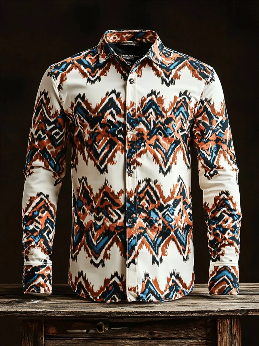 Men's Retro Casual Western Aztec Ethnic Print Long Sleeve Shirt 