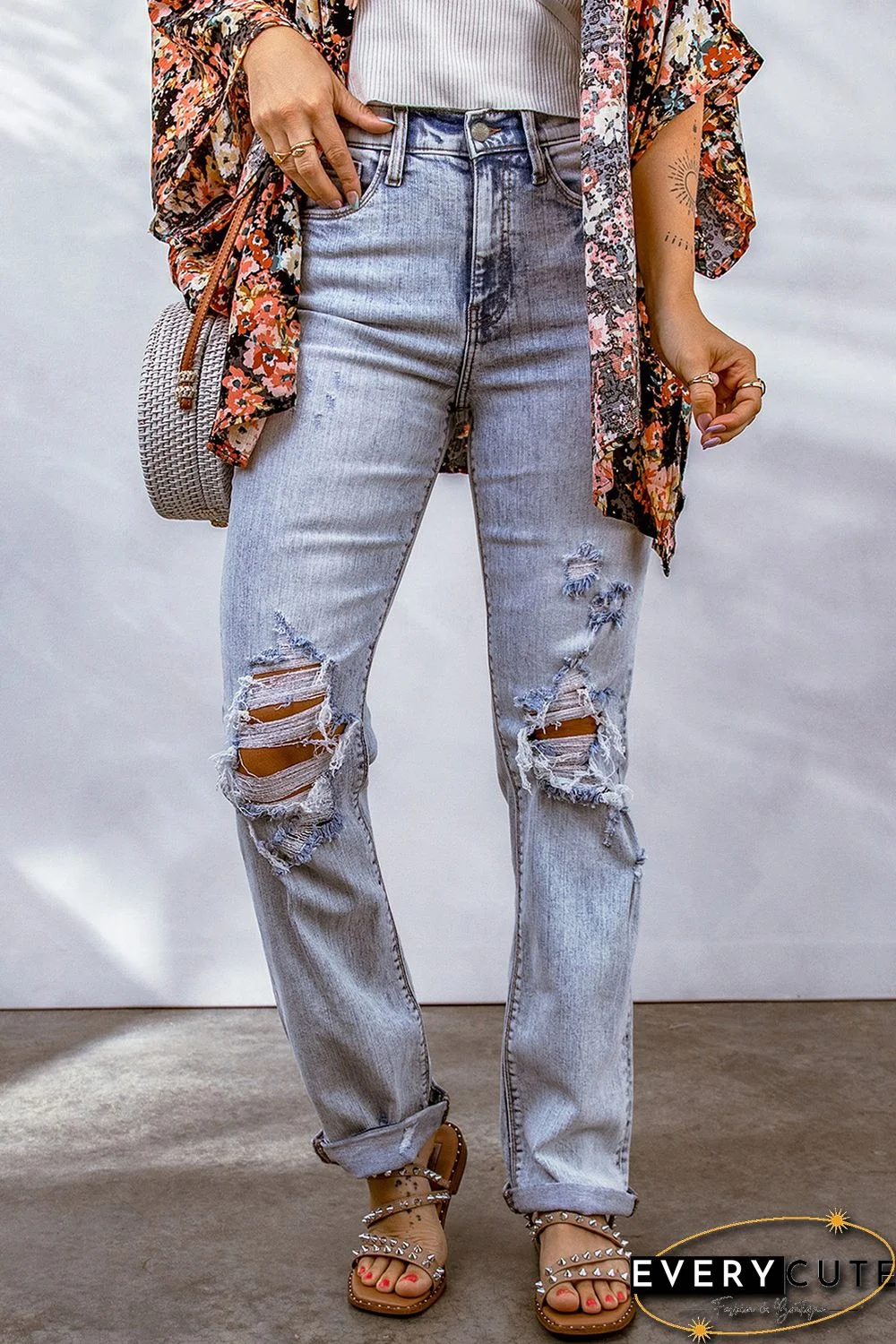 Sky Blue Acid Wash Sheath Straight Leg Distressed Jeans