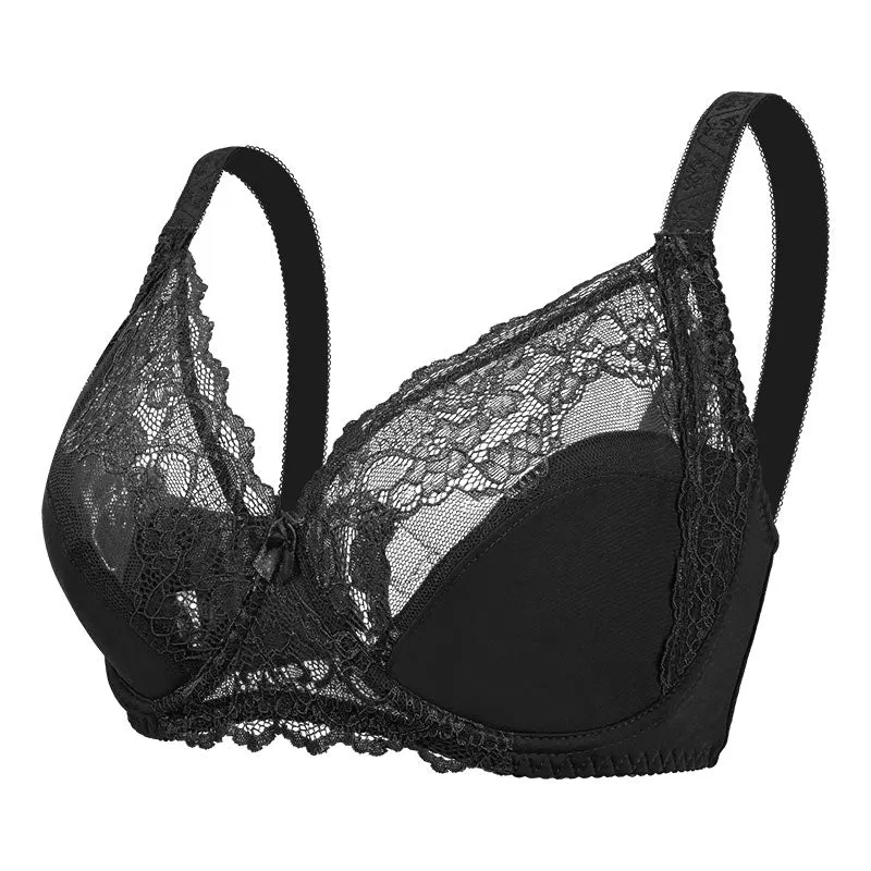 Plus Size Bras Women Push Up Lace Bra Ultra-Thin Perspective Bralette Sexy Lingerie Underwire Brassiere Large Underwear E F Cup