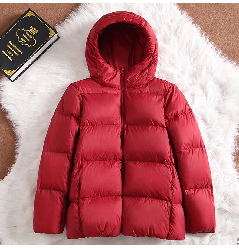 FTLZZ New Ultra Light Hooded Short Jacket Women 90% White Duck Down Coat Casual Windbreak Parkers Lightweight Warm Snow Outwear
